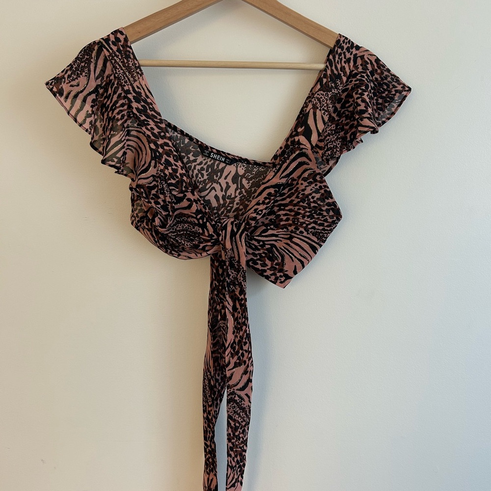 SHEIN Pink & Black Animal-Print Tie-Front Crop Top